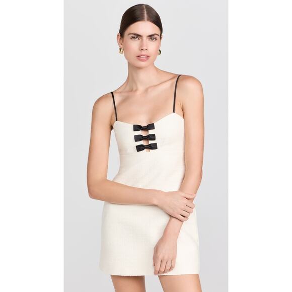 LoveShackFancy Adelaide Tweed Bow Mini Dress Ivory Black Sleeveless Sz 10 - Picture 1 of 16